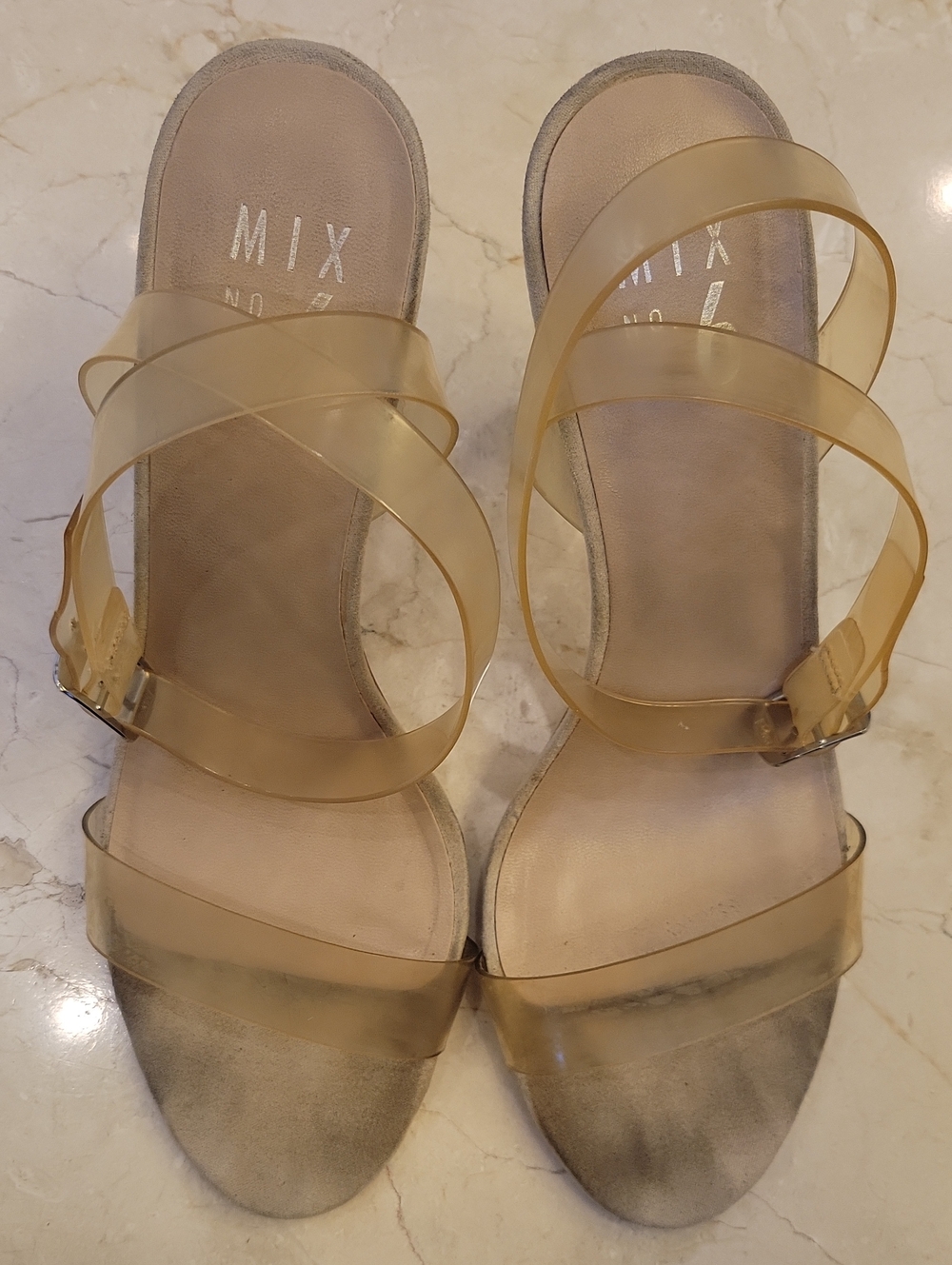 Mix No. 6 Translucent Tan Strappy Slide Block-heeled Sandals, Sz 9